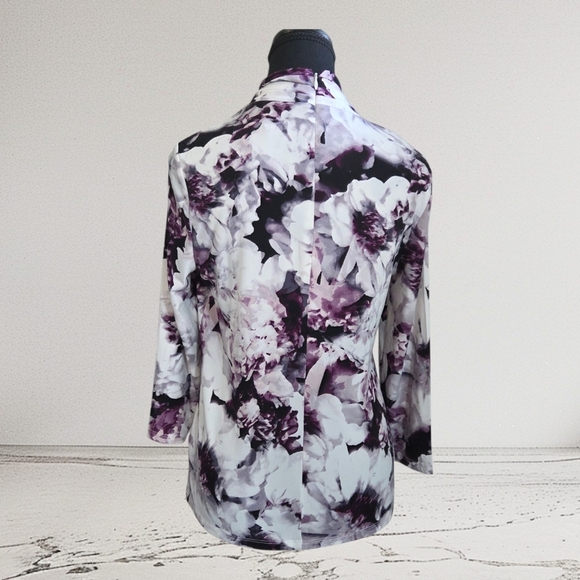 Calvin Klein White and Purple Ruched Blouse with 3/4 Sleeves And Gold Accent S - Picture 3 of 4